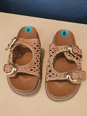 Joie Braided Tan Slide Sandals with Gold Buckles New No Box